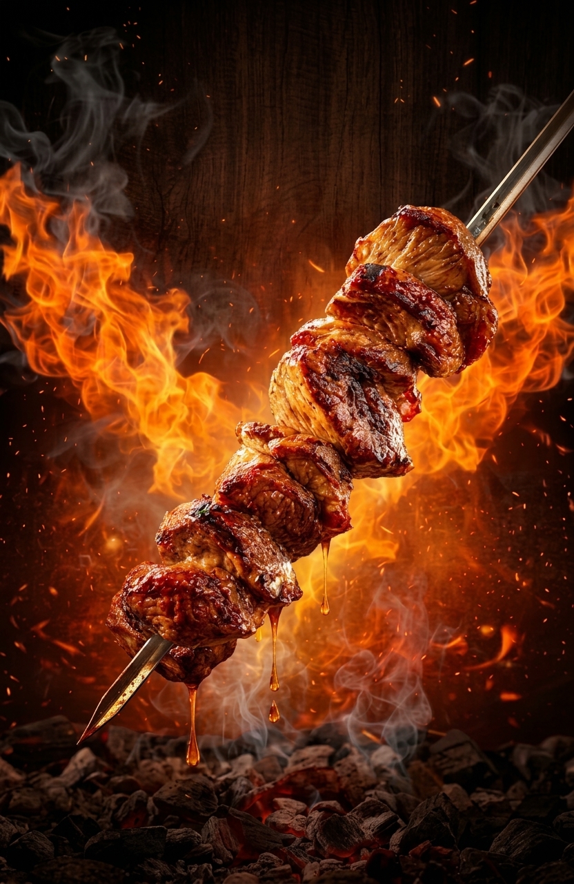 Trompo de carne en espiral asado a las brasas