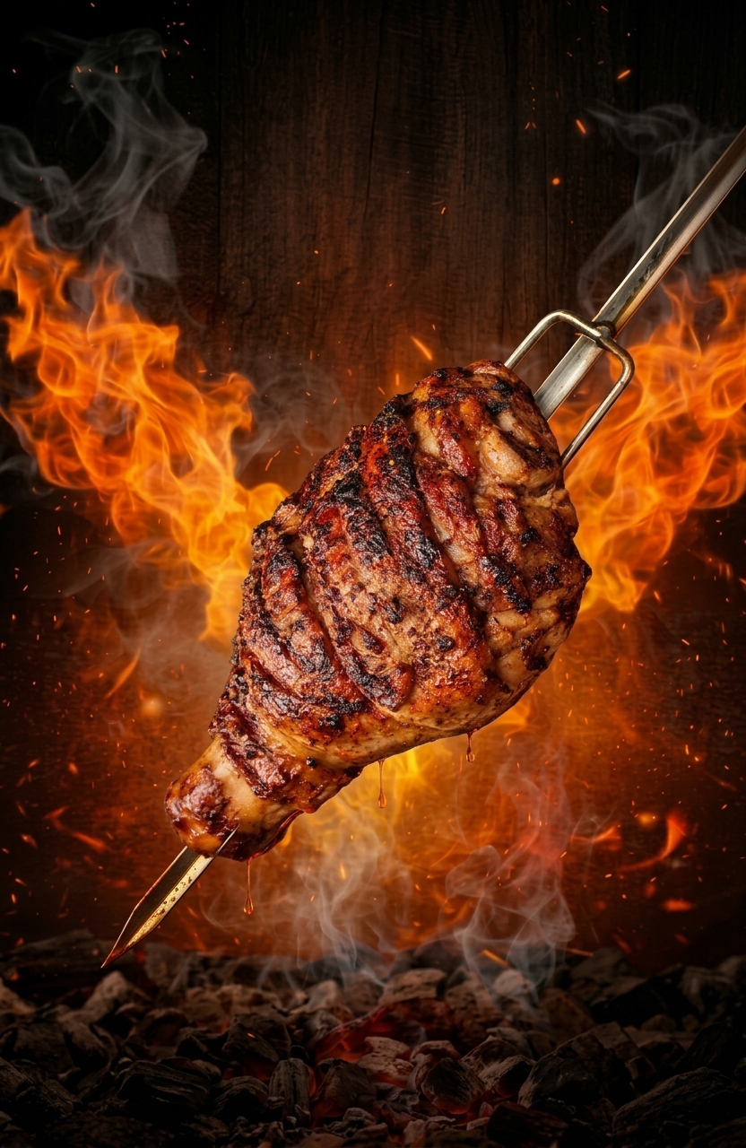 Pernil al fuego sobre brasas y leña encendida